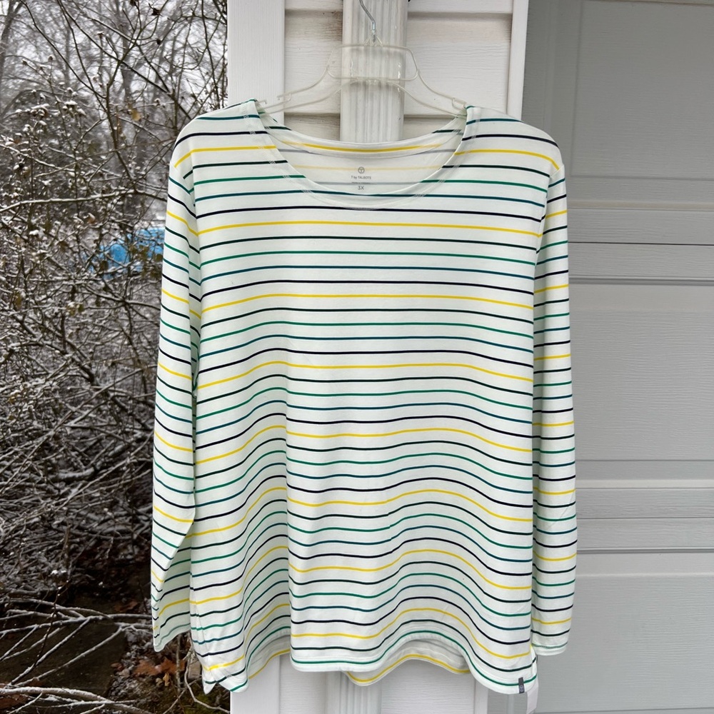 NWT T By Talbots White Yellow Blue Greens Stripe Long Sleeve Top